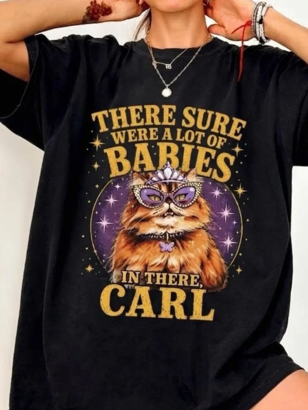 Black Tee with Gold & Purple Cat Graphic